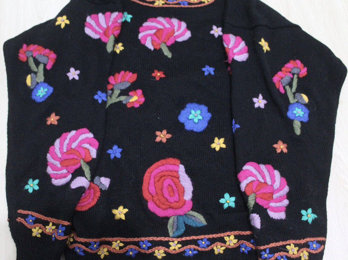Retro Black Floral Rose Embroidered Knit Sweater