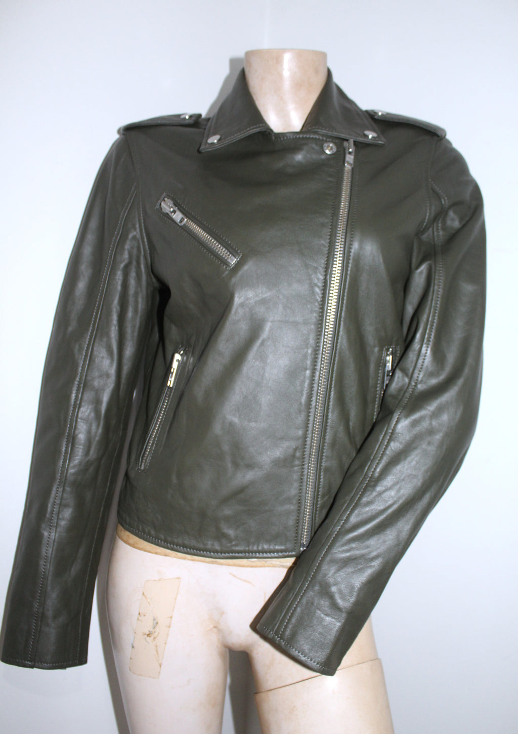 * Witchery * Khaki Green Leather Biker Jacket / SZ10 (Free Domestic Shipping