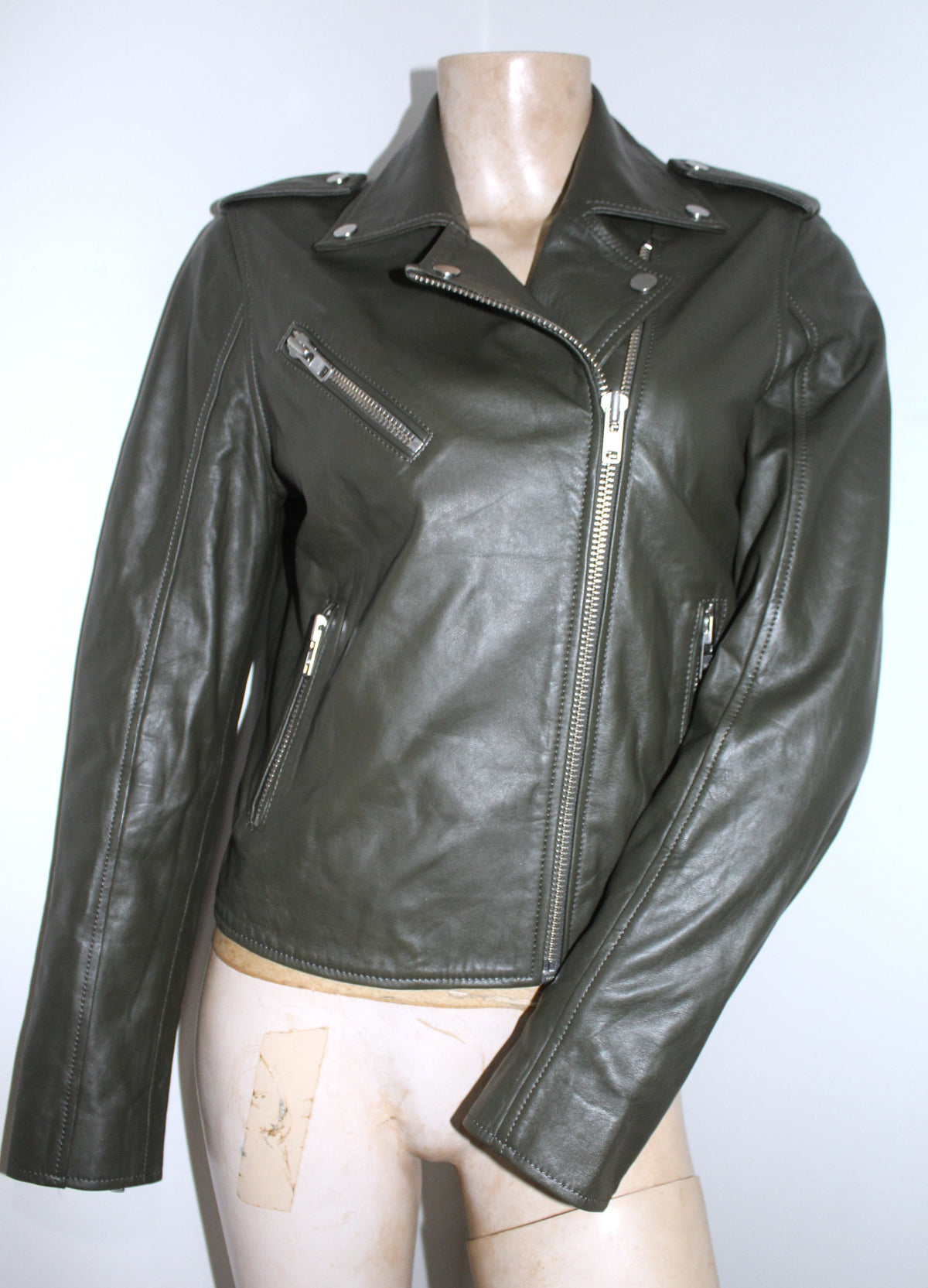 * Witchery * Khaki Green Leather Biker Jacket / SZ10 (Free Domestic Shipping